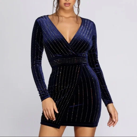 Windsor | Dresses | Windsor Blue Cocktail Wrap Rhinestone Dress Size Xs |  Poshmark